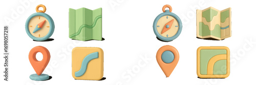 Vibrant modern navigation and location symbols with compass, folded map, route, and map pin for travel and exploration