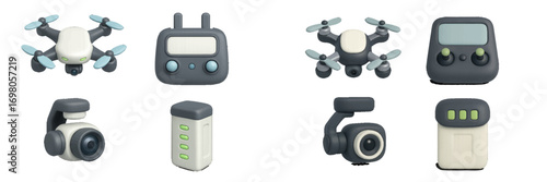 Modern drone technology devices and accessories including aerial quadcopters, remote controllers, gimbal cameras, and power packs