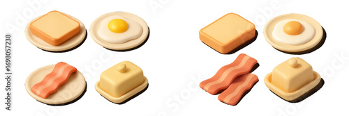 Classic breakfast food items set with golden toast, sunny side up egg, crispy bacon, and creamy butter