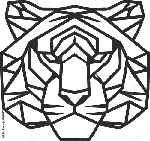 Geometric illustration of a tiger's face showcasing modern abstract design elements. Black on transparent background.