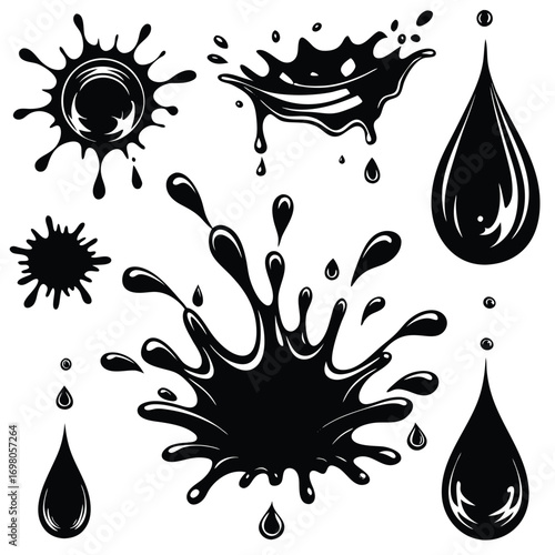 Collection of black ink or paint splashes and drops, various shapes and sizes.