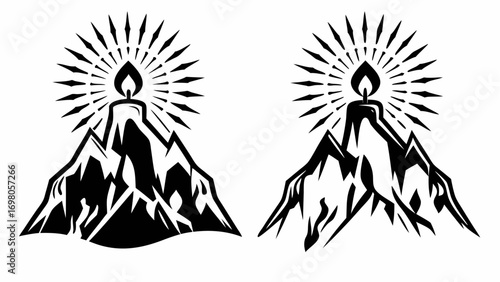 Two stylized black and white mountain peaks topped with lit candles emitting radiating light beams design silhouette