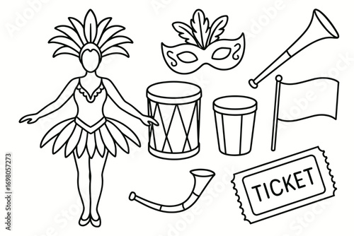Carnival celebration outline: female dancer, drums, flags, mask, and ticket