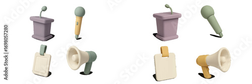 Essential communication and event items: podiums, microphones, megaphones, and blank identification badges