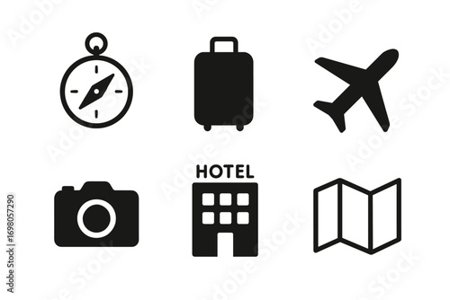 Travel icons: compass, suitcase, airplane, camera, hotel, map symbols for easy navigation