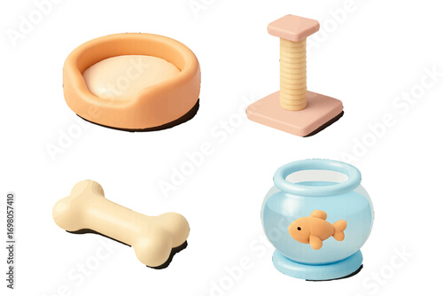 Collection of pet care essentials including a cozy bed, scratching post, bone toy, and fishbowl for domestic animals