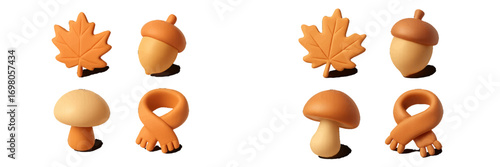 Autumn season elements set with orange maple leaves, brown acorns, mushrooms, and warm scarves
