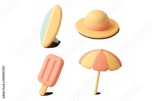 Vibrant summer beach vacation scene with surfboard, sun hat, refreshing popsicle, and colorful beach umbrella