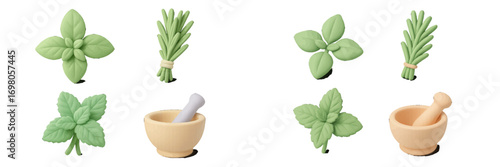 Stylized collection of fresh green culinary herbs like basil, rosemary, and mint with traditional kitchen mortar and pestle sets for cooking and seasoning