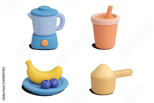 Healthy lifestyle collection with blender, smoothie cup, fresh banana, blueberries, and protein powder scoop