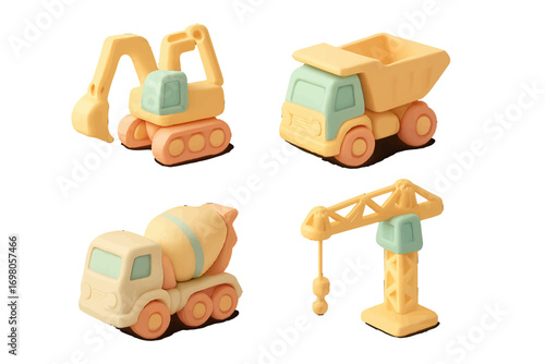Set of cute construction vehicles including excavator, dump truck, cement mixer, and crane for kids