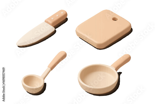 Stylized kitchenware collection featuring a knife, cutting board, ladle, and frying pan, isolated on a clean white background