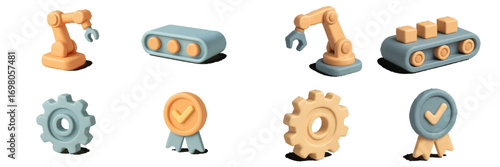 Industrial automation concept with robotic arms, conveyor belts, gears, and quality assurance badges on white background