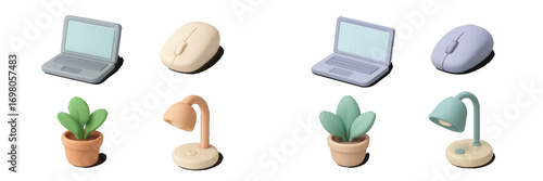 Stylized collection of essential office and home desk items: laptops, computer mice, potted plants, table lamps