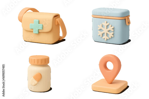 Essential health and travel icons including first aid kit, portable cooler, medicine bottle, and location pin for navigation