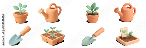 Gardening tools and plants assortment featuring watering cans, hand trowels, potted plants, and sprouting seedlings