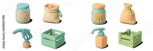 Minimalist collection of everyday objects including food storage containers, a fuel pump nozzle, and a soap dispenser