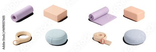 Pastel colored yoga and meditation equipment set including mats blocks straps and cushions for health and wellness activities