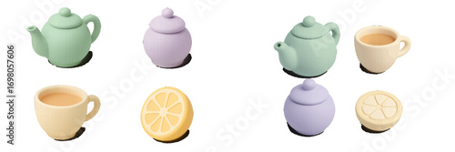 Collection of pastel colored tea set elements including teapots, sugar bowls, teacups with tea, and lemon slices arranged on a clean white background
