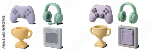 Pastel colored gaming gear assortment with console controllers, communication headsets, award trophies, and game media