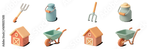 Stylized farm elements set featuring agricultural tools and buildings such as pitchforks, milk cans, barns, and wheelbarrows with a soft pastel aesthetic