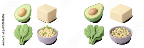 Nutritional plant-based food items including avocado, tofu, spinach, and soybeans for a balanced and healthy diet