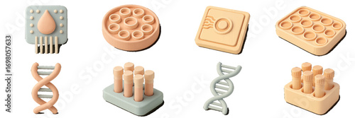 Collection of scientific research and medical laboratory equipment icons for biotechnology, genetic engineering, and healthcare concepts