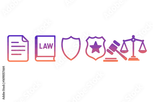 Legal icons set: document, book, shield, badge, gavel, scales of justice in gradient