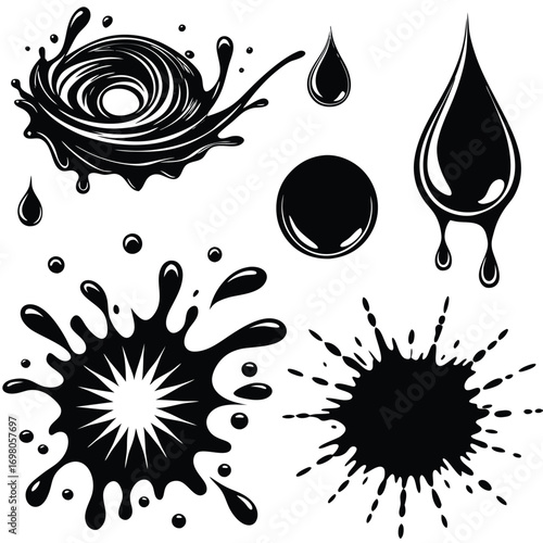 Collection of black and white liquid splash illustrations.