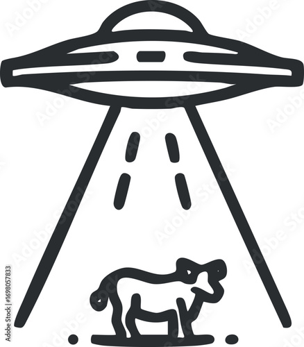 A playful illustration of a UFO beaming up a cow in a humorous alien abduction scene. Black on transparent background.