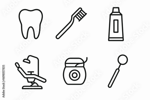 Dental care icons: tooth, toothbrush, toothpaste, chair, floss, dental mirror