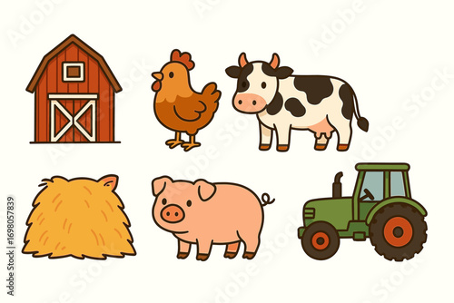 Cute farm animal illustrations with barn, tractor, and haystack