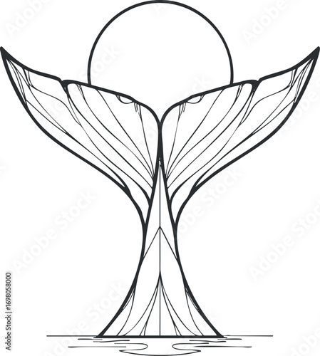Stylized illustration of a whale tail against the sun and water surface in a minimalist design. Black on transparent background.