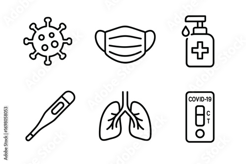 Covid-19 icons: virus, mask, sanitizer, thermometer, lungs, test kit
