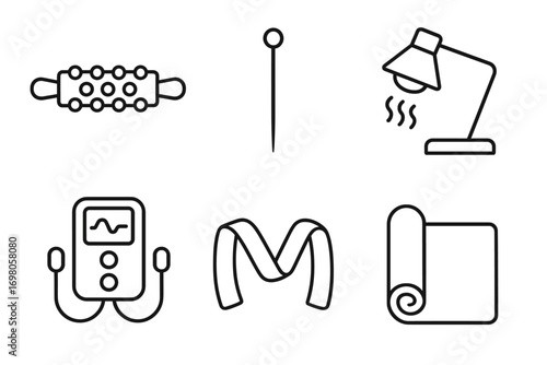 Essential craft tools: rolling pin, needle, lamp, machine, ribbon, fabric