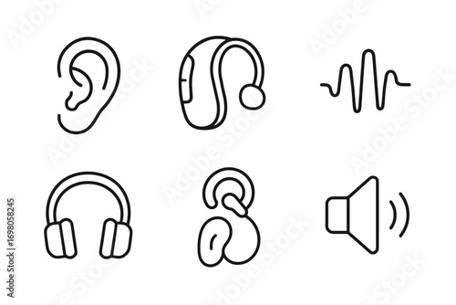 Audio symbols: ear, hearing aid, sound wave, headphones, earbuds, speaker icons