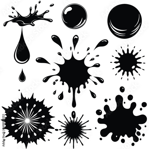 A collection of black ink splatters and drops in various dynamic shapes and sizes, isolated on a white background.