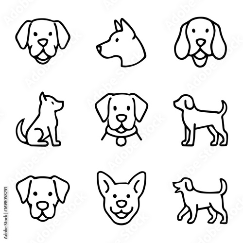 Simple Line Art Illustrations of Various Dog Breeds.