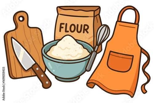 Baking essentials: flour, bowl, knife, cutting board, apron, and whisk illustration