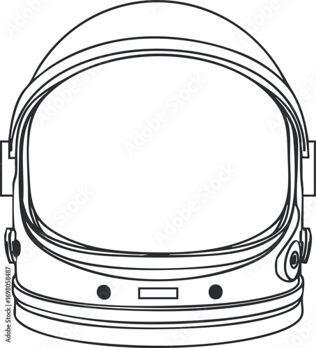 An outline illustration of an astronaut helmet symbolizing space exploration and technology. Black on transparent background.