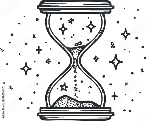 A hand-drawn hourglass filled with sand surrounded by stars and cosmic elements. Black on transparent background.