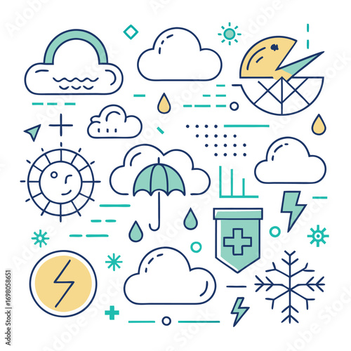 Weather icons: sun, clouds, rain, lightning, rainbow, snowflake, umbrella.