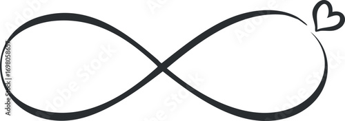 A minimalist infinity symbol featuring a heart, representing endless love and connection. Black on transparent background.