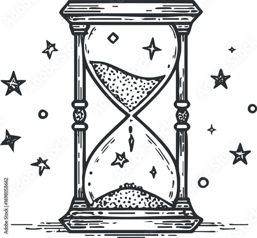 An artistic hourglass illustration featuring sand and stars, symbolizing the passage of time. Black on transparent background.