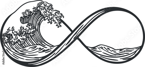 An artistic representation of waves forming an infinity symbol showcasing the beauty of nature. Black on transparent background.