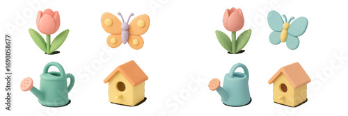 Set of cute 3D spring gardening icons with tulip flower, butterfly, watering can, and birdhouse isolated on white background