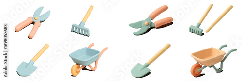 Stylized collection of pastel colored gardening tools with pruning shears, rake, shovel, and wheelbarrow on a clean background