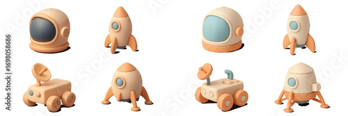 Stylized space exploration objects featuring an astronaut helmet, rocket ship, lunar rover, and planetary lander for science and technology projects