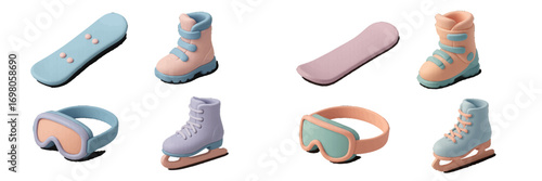 Pastel winter sports equipment collection with snowboards, ski boots, goggles, and ice skates on white background
