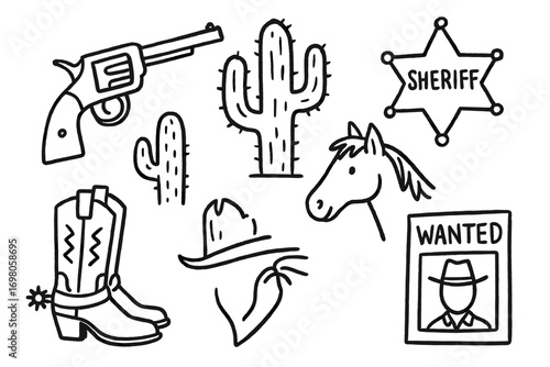 Western symbols: revolver, sheriff star, cactus, horse, cowboy boots, hat, bandana, wanted poster